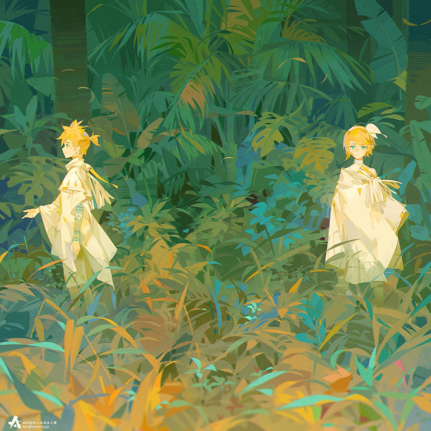 1boy 1girl a-shacho arm_tattoo bangs blonde_hair blue_eyes bow closed_mouth fern hair_bow hairband highres jungle kagamine_len kagamine_rin long_sleeves nature outdoors poncho ponytail short_hair short_ponytail siblings strap tattoo tree twins vocaloid wide_sleeves