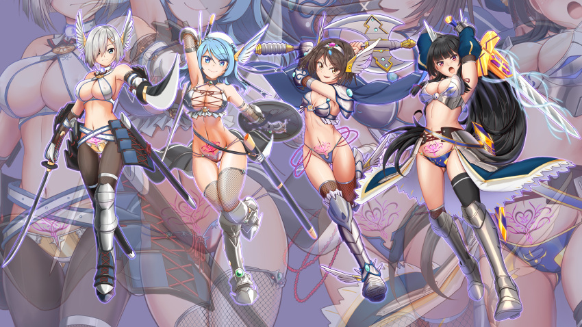 4girls adapted_costume armor bikini_armor black_hair blue_background blue_eyes blue_hair brown_hair cosplay full_body hamakaze_(azur_lane) hamakaze_(kantai_collection) highres isokaze_(kantai_collection) kantai_collection ku_koro long_hair moke_ro multiple_girls namesake pubic_tattoo short_hair silver_hair sword tanikaze_(kantai_collection) tattoo urakaze_(kantai_collection) weapon yellow_eyes