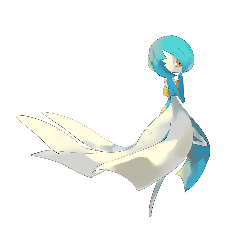 1girl alternate_color apios1 bangs blue_hair blue_skin bob_cut closed_mouth colored_skin commentary flat_chest from_side full_body gardevoir gen_3_pokemon hand_to_own_mouth hand_up highres leg_up multicolored multicolored_skin orange_eyes pokemon pokemon_(creature) profile shiny_pokemon short_hair simple_background solo standing standing_on_one_leg two-tone_skin white_background white_skin