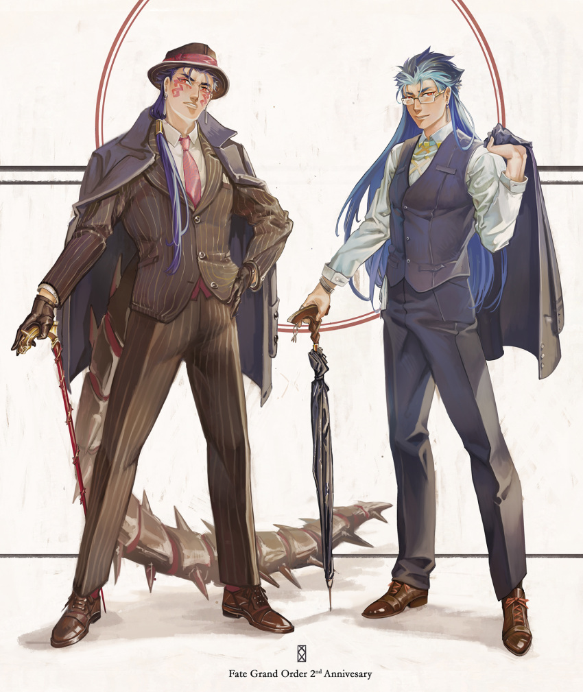 2boys alternate_costume angry beads black_gloves blue_hair buttons cane closed_mouth coat collared_shirt cu_chulainn_(fate)_(all) cu_chulainn_(fate/grand_order) cu_chulainn_alter_(fate/grand_order) dark_blue_hair dark_persona dress_shoes earrings facepaint fate/grand_order fate_(series) fedora formal full_body glasses gloves hair_beads hair_ornament hand_on_hip hat heroic_spirit_formal_dress highres iash jacket jacket_on_shoulders jewelry long_hair long_sleeves male_focus multiple_boys multiple_persona necktie overcoat pants ponytail red_eyes sharp_teeth shirt smile spikes spiky_hair standing suit tail teeth type-moon umbrella vest
