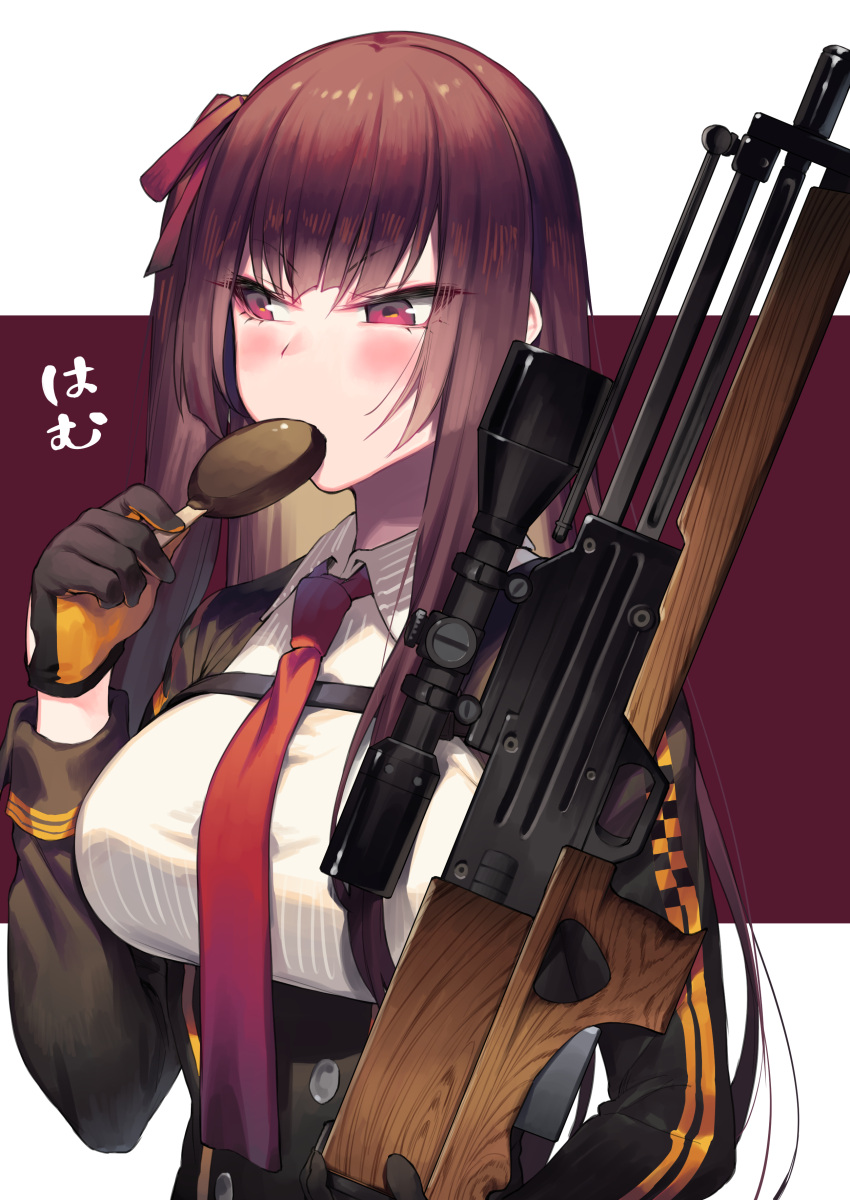 1girl absurdres bangs black_gloves blush breasts brown_hair bullpup checkered collared_shirt corset eating eyebrows_visible_through_hair food girls_frontline gloves gun hair_ribbon highres holding holding_food holding_gun holding_weapon ice_cream long_sleeves medium_breasts necktie one_side_up oyk_(signx) purple_ribbon red_neckwear ribbon rifle shirt sniper_rifle solo straight_hair translation_request two-tone_background underbust upper_body v-shaped_eyebrows violet_eyes wa2000_(girls_frontline) walther walther_wa_2000 weapon white_shirt