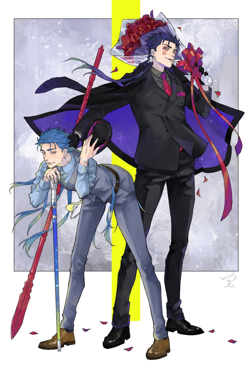 2boys alternate_costume beads bent_over blooming_yuki blue_hair bouquet bracelet cane cigarette closed_mouth coat cu_chulainn_(fate)_(all) cu_chulainn_(fate/grand_order) cu_chulainn_alter_(fate/grand_order) dark_blue_hair dark_persona dress_shoes earrings facepaint fate/grand_order fate_(series) fedora floating_hair flower full_body gae_bolg gloves hair_beads hair_ornament hat hat_removed headwear_removed heroic_spirit_formal_dress highres holding holding_polearm holding_weapon jacket jewelry long_hair long_sleeves looking_at_viewer male_focus multiple_boys multiple_persona multiple_piercings necktie overcoat pants polearm ponytail red_eyes rose smoking spiky_hair standing type-moon vest weapon