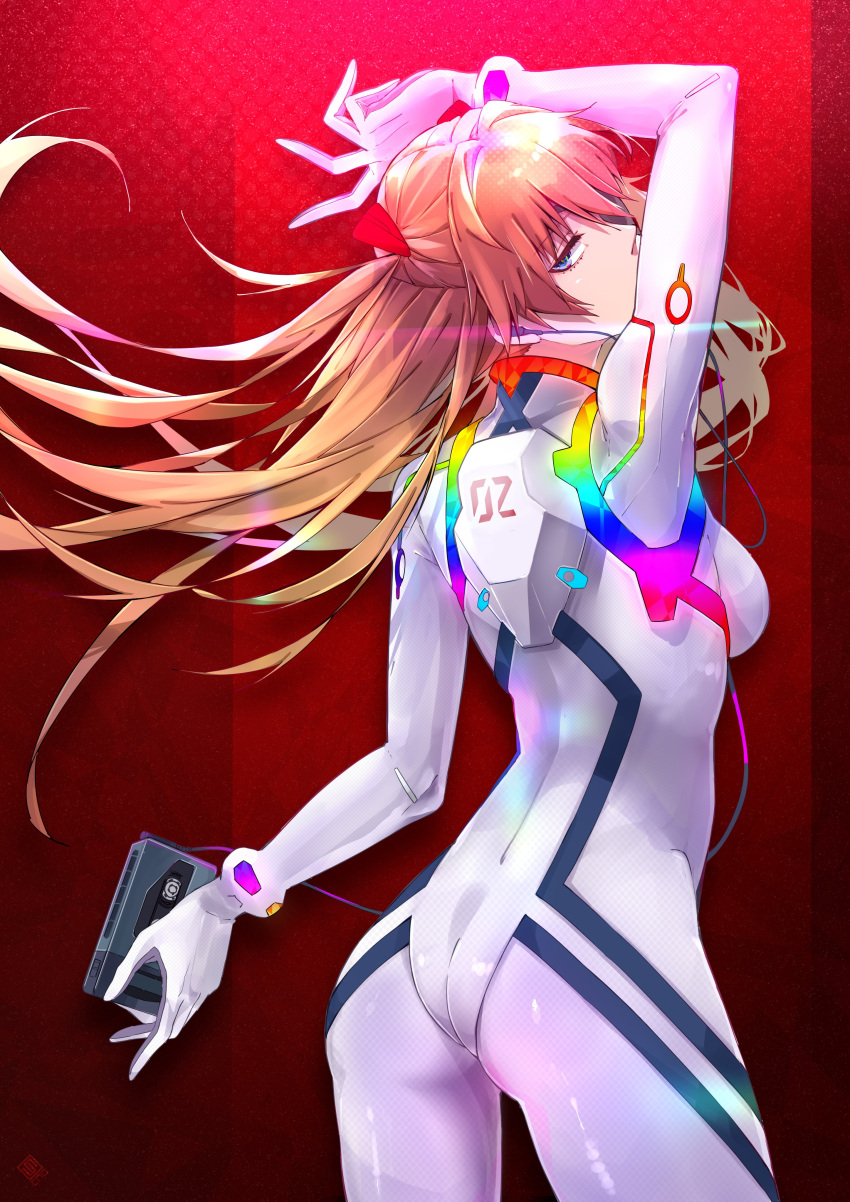 1girl absurdres ass bangs blue_eyes bodysuit breasts cno commentary_request earphones evangelion:_3.0+1.0_thrice_upon_a_time eyepatch from_behind hair_ornament highres long_hair looking_at_viewer medium_breasts neon_genesis_evangelion orange_hair plugsuit rainbow shikinami_asuka_langley solo souryuu_asuka_langley thighs walkman watermark