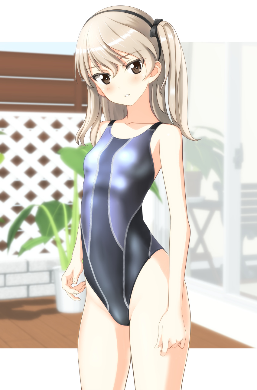 1girl absurdres black_hairband blurry breasts brown_eyes competition_swimsuit cowboy_shot depth_of_field fence girls_und_panzer grey_swimsuit hairband head_tilt highres light_brown_hair long_hair looking_at_viewer one-piece_swimsuit one_side_up parted_lips plant potted_plant shimada_arisu small_breasts solo standing swimsuit takafumi