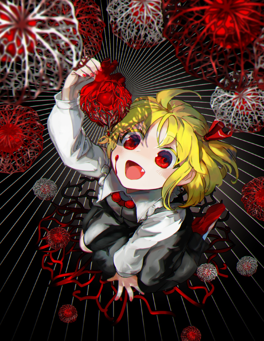 1girl ahoge arm_support arm_up bangs black_background black_dress blonde_hair blood blood_on_face blouse bobbles chamaruku chinese_lantern_(plant) commentary_request darkness dress dripping fang flower frilled_shirt_collar frills from_above hair_ribbon happy heart highres holding holding_flower holding_organ holding_plant long_sleeves nail_polish outstretched_arms red_eyes red_footwear red_nails red_neckwear ribbon rumia shadow shirt short_hair sidelocks sitting solo striped touhou wariza white_blouse white_shirt wide-eyed