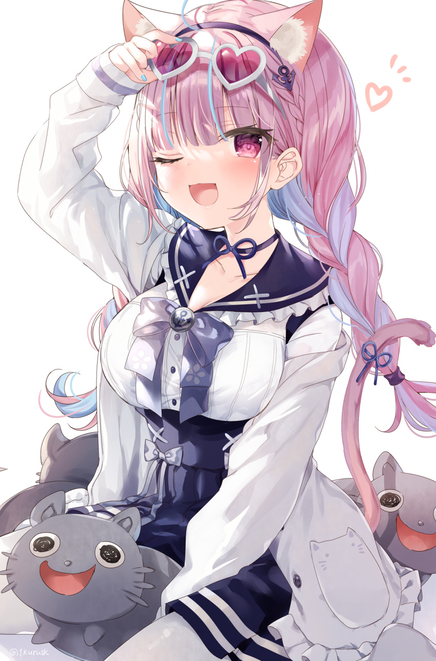 1girl ;d anchor_symbol animal_ear_fluff animal_ears arm_up bangs black_hairband black_sailor_collar black_skirt blue_bow blue_hair blue_ribbon bow braid breasts cat_ears cat_girl cat_tail collarbone commentary_request eyebrows_visible_through_hair eyewear_on_head frilled_sailor_collar grey-framed_eyewear hairband heart heart-shaped_eyewear highres hololive jacket long_hair long_sleeves looking_at_viewer mafuyu_(chibi21) medium_breasts minato_aqua multicolored_hair neko_(minato_aqua) no_shoes one_eye_closed open_clothes open_jacket open_mouth pantyhose pink_hair pleated_skirt red_eyes ribbon sailor_collar shirt sitting skirt sleeves_past_wrists smile sunglasses tail tail_ornament tail_raised tail_ribbon twin_braids twintails two-tone_hair virtual_youtuber wariza white_background white_jacket white_legwear white_shirt