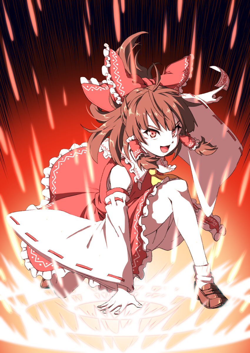 1girl :3 ahoge ascot bandages bare_shoulders between_fingers bow brown_footwear brown_hair collar collared_dress commentary_request detached_sleeves dress energy frilled_bow frilled_collar frilled_dress frilled_shirt_collar frills full_body glowing hair_bow hair_tubes hakurei_reimu half_updo hand_on_floor hand_on_ground highres holding inuno_rakugaki loafers long_hair looking_at_viewer ofuda one_knee open_mouth outstretched_arm ponytail pose red_bow red_dress red_eyes red_ribbon red_theme ribbon ribbon-trimmed_sleeves ribbon_trim sarashi shoes sidelocks smile solo spread_legs superhero_landing touhou v-shaped_eyebrows white_legwear wide_sleeves yellow_neckwear