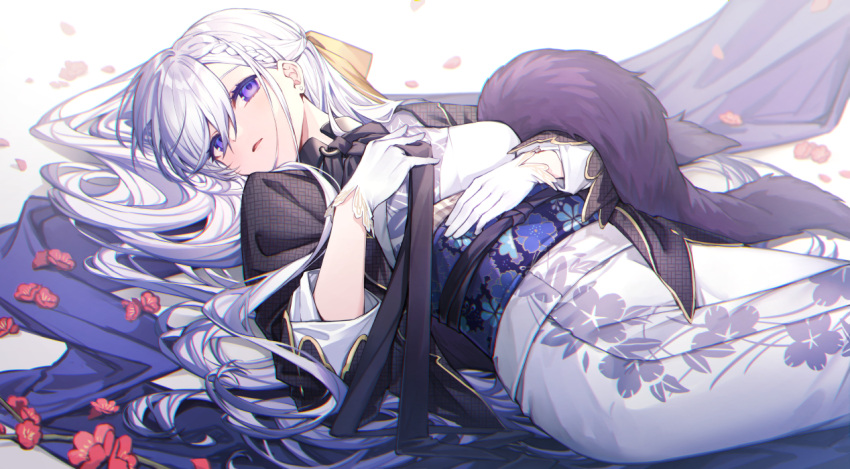 1girl azur_lane belfast_(azur_lane) black_jacket braid breasts coyucom earrings floral_print gloves hair_over_one_eye hand_on_own_chest hand_on_own_stomach jacket japanese_clothes jewelry kimono long_sleeves looking_at_viewer lying obi on_back open_clothes open_shirt parted_lips petals print_kimono sash shawl side_braid silver_hair small_breasts solo stud_earrings violet_eyes white_gloves white_kimono yukata
