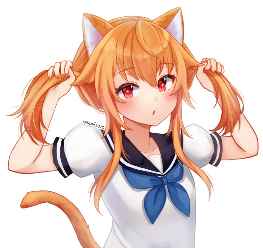 1girl animal_ears black_sailor_collar blue_neckwear blush bunching_hair cat_ears cat_tail commentary dated hair_grab highres indie_virtual_youtuber kaheru_(vtuber) long_hair looking_at_viewer neckerchief orange_hair parted_lips puffy_short_sleeves puffy_sleeves red_eyes sailor_collar school_uniform serafuku shirt short_sleeves signature simple_background solo tail temachii twintails upper_body white_background white_shirt