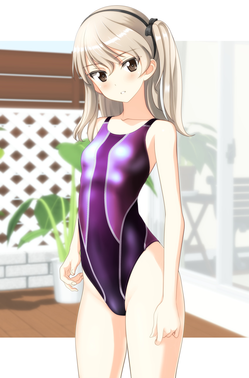 1girl absurdres black_hairband blurry breasts brown_eyes competition_swimsuit cowboy_shot depth_of_field fence girls_und_panzer hairband head_tilt highres light_brown_hair long_hair looking_at_viewer one-piece_swimsuit one_side_up parted_lips plant potted_plant purple_swimsuit shimada_arisu small_breasts solo standing swimsuit takafumi