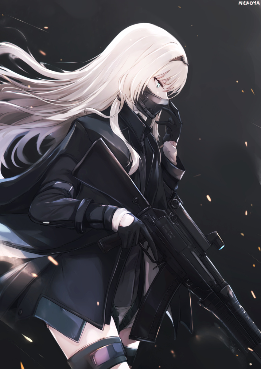 1girl an-94 an-94_(girls_frontline) artist_name assault_rifle bangs black_background black_gloves black_jacket black_shirt blue_eyes commentary eyebrows_visible_through_hair floating_hair from_side girls_frontline gloves gun hair_between_eyes hand_up headpiece highres holding holding_gun holding_weapon jacket long_hair long_sleeves mask mouth_mask nekoya_(liu) object_namesake open_clothes open_jacket profile rifle shirt short_shorts shorts signature solo trigger_discipline very_long_hair weapon white_hair white_shorts