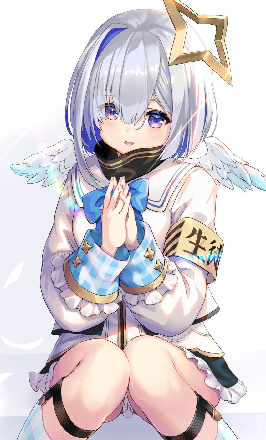 1girl absurdres amane_kanata angel_wings armband bangs black_skirt blue_bow blue_hair blue_legwear blue_wings bow commentary_request eyebrows_visible_through_hair feathered_wings feet_out_of_frame frilled_skirt frills gradient gradient_wings hair_between_eyes hands_together hands_up highres hololive jacket knees_together_feet_apart long_sleeves looking_at_viewer mini_wings multicolored multicolored_hair multicolored_wings own_hands_together parted_lips plaid plaid_legwear pondel silver_hair skirt solo two-tone_hair upper_teeth violet_eyes virtual_youtuber white_background white_jacket white_wings wings