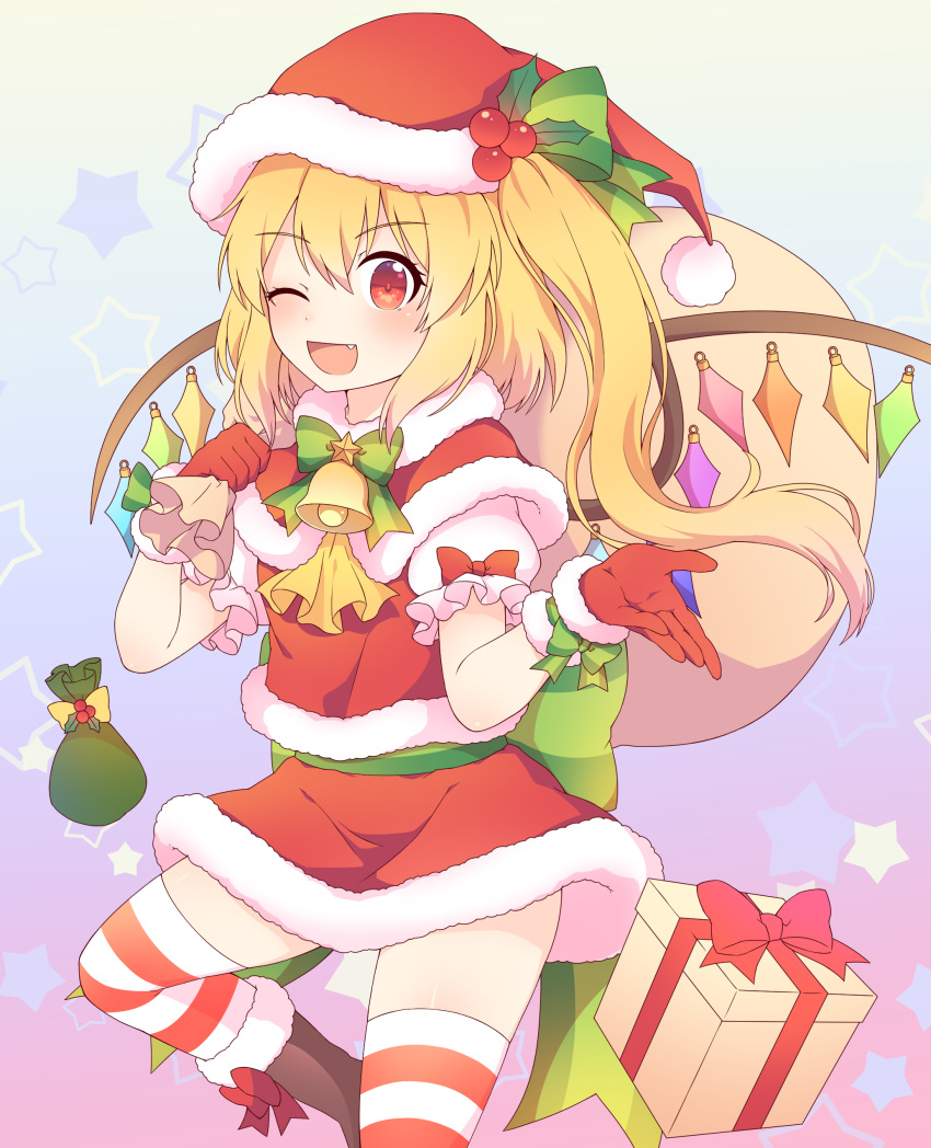 1girl ;d absurdres bangs blonde_hair boots box brown_footwear capelet caramell0501 christmas commentary_request crystal eyebrows_visible_through_hair fang flandre_scarlet fur-trimmed_boots fur-trimmed_capelet fur-trimmed_gloves fur-trimmed_headwear fur-trimmed_shirt fur-trimmed_skirt fur_trim gift gift_box gloves hair_between_eyes hat highres holding holding_sack long_hair one_eye_closed one_side_up open_mouth puffy_short_sleeves puffy_sleeves red_capelet red_eyes red_gloves red_headwear red_skirt sack santa_costume santa_hat shirt short_sleeves skirt smile solo starry_background striped striped_legwear thigh-highs thighhighs_under_boots touhou wings
