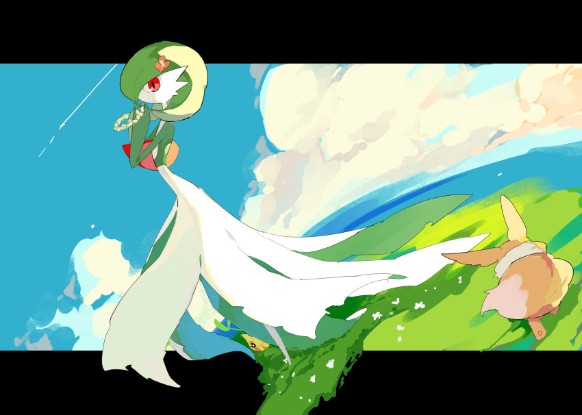 1girl :3 apios1 arched_back bangs black_sclera blue_sky bob_cut closed_mouth clouds colored_skin commentary day dutch_angle eevee fisheye flat_chest flower flower_wreath from_behind from_side full_body gardevoir gen_1_pokemon gen_2_pokemon gen_3_pokemon grass green_hair green_skin hair_flower hair_ornament hands_together hands_up happy highres horizon letterboxed looking_at_viewer multicolored multicolored_skin ocean outdoors outside_border pawpads pokemon pokemon_(creature) red_flower short_hair sky smile solo_focus standing sunkern two-tone_skin water white_eyes white_flower white_skin