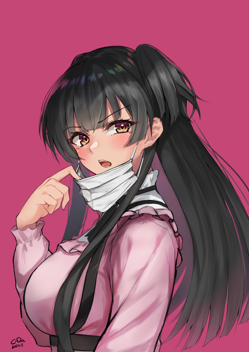 1girl bangs black_hair blunt_bangs blush breasts brown_eyes c-da dated eyebrows_visible_through_hair highres idolmaster idolmaster_shiny_colors large_breasts long_hair long_sleeves mask mask_pull mayuzumi_fuyuko mouth_mask open_mouth pink_background pink_shirt shirt sidelocks signature simple_background solo surgical_mask two_side_up upper_body