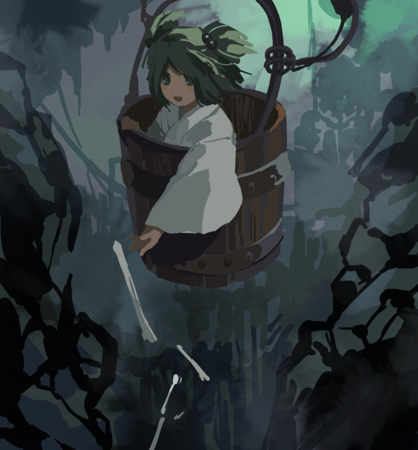 1girl :d bangs blush bone bucket commentary_request eyebrows_behind_hair fog green_eyes green_hair hair_bobbles hair_ornament highres in_bucket in_container kaigen_1025 kisume looking_down open_mouth outstretched_arm parted_bangs short_hair smile solo touhou two_side_up white_robe wide_sleeves