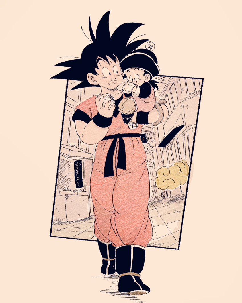 2boys ankle_boots beige_background black_eyes black_footwear black_hair black_headwear boots building carrying chewing child chinese_clothes closed_mouth clothes_writing collarbone dougi dragon_ball dragon_ball_(object) dragon_ball_z dumpling eating facing_viewer father_and_son fenyon fingernails flying_nimbus food food_on_face full_body hat highres holding holding_food light_smile looking_at_another male_focus monkey_tail multiple_boys shadow simple_background son_gohan son_goku spiky_hair tail twitter_username walking wristband