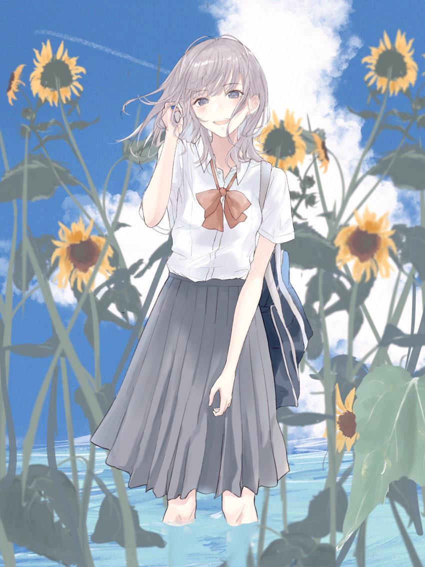 1girl :d blue_sky blush bow bowtie clouds collared_shirt flower grey_skirt highres leaf long_hair looking_at_viewer noanoa-iroha open_mouth original outdoors plant pleated_skirt red_neckwear school_uniform shirt short_sleeves skirt sky smile solo standing sunflower uniform violet_eyes water white_hair white_shirt