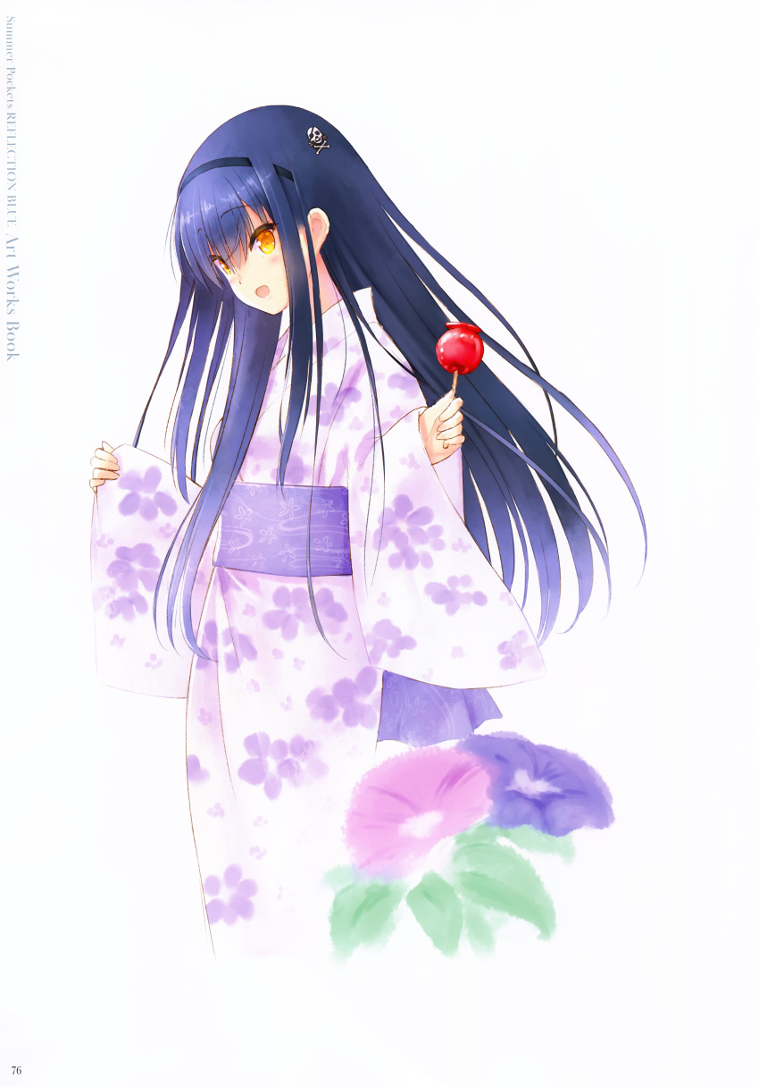1girl :d absurdres bangs black_hairband blue_hair blush candy_apple copyright_name cropped_legs eyebrows_visible_through_hair floating_hair floral_print flower food hair_between_eyes hair_ornament hairband highres holding holding_food huge_filesize japanese_clothes kimono kushima_kamome long_hair long_sleeves na-ga obi official_art open_mouth page_number pink_flower print_kimono purple_flower sash shiny shiny_hair simple_background skull_hair_ornament smile solo standing summer_pockets very_long_hair white_background white_kimono wide_sleeves yellow_eyes yukata