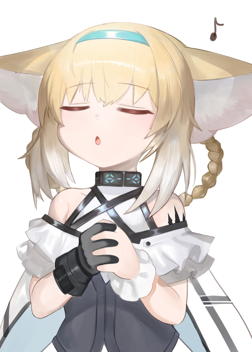 1girl animal_ear_fluff animal_ears arknights bangs bare_shoulders black_gloves blonde_hair blue_hairband blush braid chestnut_mouth closed_eyes commentary_request dokomon eighth_note eyebrows_visible_through_hair facing_viewer fox_ears gloves gradient_hair hair_between_eyes hair_rings hairband hands_clasped hands_up highres korean_commentary multicolored_hair music musical_note own_hands_together parted_lips shirt sidelocks simple_background singing single_glove single_wrist_cuff solo suzuran_(arknights) twin_braids upper_body white_background white_hair white_shirt wrist_cuffs