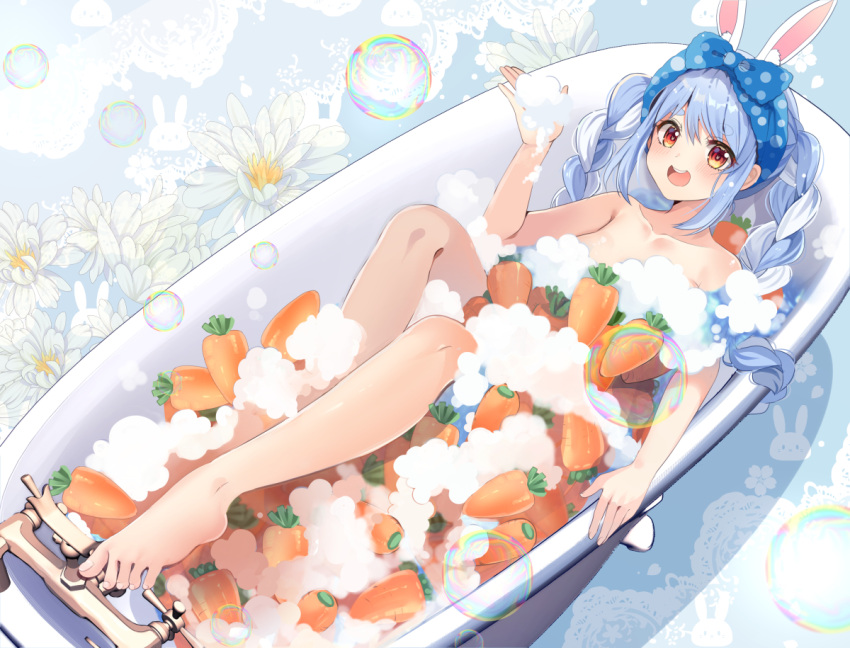 1girl abstract_background animal_ears bath bathing bathtub blue_background blue_hair braid breasts brown_eyes bubble carrot chocho_(homelessfox) faucet flower hand_up head_scarf hololive leg_up long_hair looking_at_viewer medium_breasts multicolored_hair open_mouth outstretched_leg plantar_flexion rabbit_ears reclining sidelocks smile soap_bubbles solo toes twin_braids twintails two-tone_hair usada_pekora very_long_hair