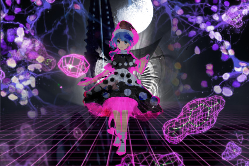 1girl :d bangs black_capelet black_dress blue_eyes blue_hair book capelet colorful commentary_request doremy_sweet dress eyebrows_behind_hair full_body full_moon fur_trim hat highres holding holding_book kaigen_1025 legacy_of_lunatic_kingdom looking_at_viewer mixed-language_commentary moon nightcap open_mouth pink_pupils pom_pom_(clothes) red_headwear short_hair smile socks solo standing swept_bangs touhou turtleneck two-tone_dress white_dress white_legwear wireframe