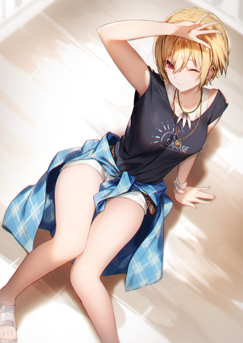 1girl ;) bangs black_shirt blonde_hair breasts chromatic_aberration closed_mouth clothes_around_waist ear_piercing genyaky highres idolmaster idolmaster_shiny_colors jewelry legs looking_at_viewer medium_breasts necklace one_eye_closed piercing saijou_juri shirt short_hair short_shorts short_sleeves shorts sitting smile solo thighs violet_eyes white_shorts