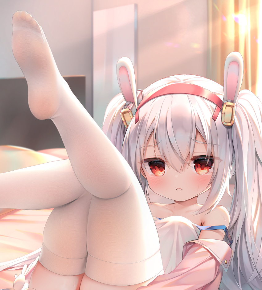 1girl animal_ears arms_at_sides azur_lane bare_shoulders bed_sheet blush breasts chen_bin curtains eyebrows_visible_through_hair fake_animal_ears feet frown hair_between_eyes highres jacket laffey_(azur_lane) legs_up long_hair lying no_shoes off_shoulder on_back on_bed pink_jacket rabbit_ears red_eyes see-through solo_focus sunlight tears thigh-highs twintails white_hair white_legwear