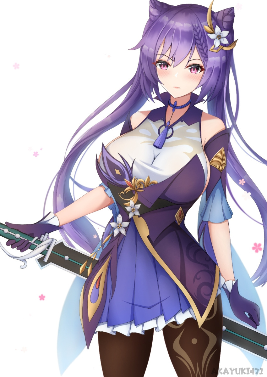 1girl akayuki471 black_legwear blush braid breasts chinese_clothes closed_mouth double_bun flower genshin_impact gloves hair_flower hair_ornament highres holding holding_sword holding_weapon keqing_(genshin_impact) large_breasts long_hair multicolored multicolored_clothes pantyhose purple_gloves purple_hair purple_skirt sideboob skirt solo sword twintails violet_eyes weapon