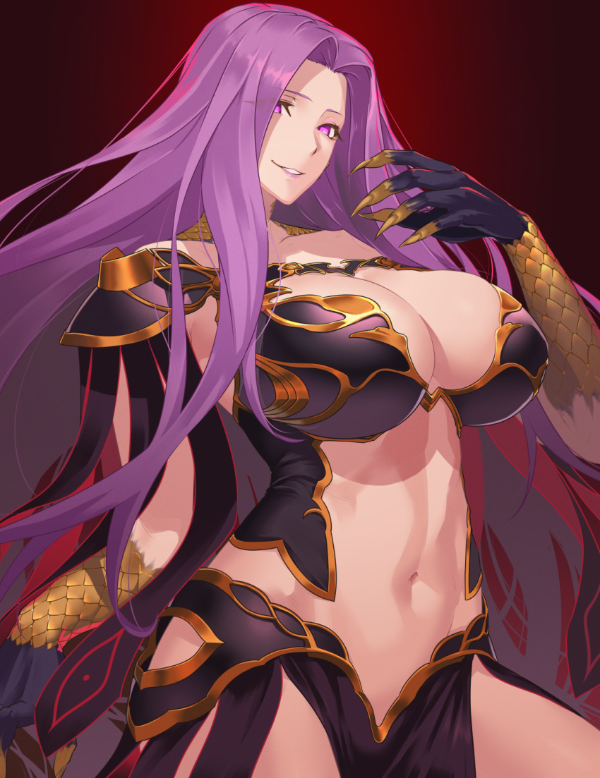 1girl breasts claws commentary fate/grand_order fate_(series) gorgon_(fate) hair_intakes highres hikichi_sakuya huge_breasts long_hair looking_at_viewer monster_girl navel parted_lips purple_hair red_background scales simple_background smile solo stomach very_long_hair violet_eyes