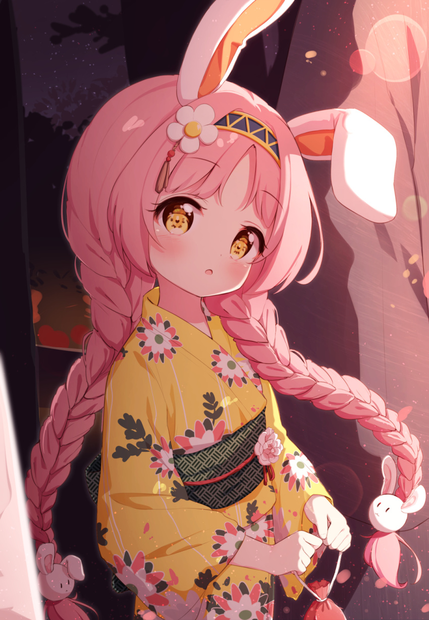 1girl :o animal_ears bangs black_hairband blush braid brown_eyes bunny_hair_ornament commentary_request floral_print flower hair_flower hair_ornament hairband highres japanese_clothes kimono long_hair long_sleeves looking_at_viewer low_twintails mimi_(princess_connect!) obi parted_bangs parted_lips pink_hair princess_connect! princess_connect!_re:dive print_kimono rabbit_ears sash setmen solo_focus standing twin_braids twintails very_long_hair white_flower wide_sleeves yellow_kimono
