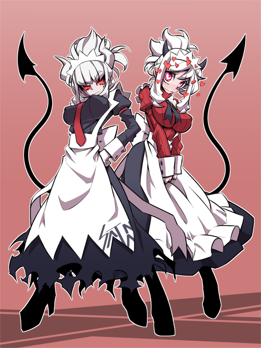 2girls alternate_costume apron back_bow black_dress black_footwear black_horns black_neckwear black_tail blush boots bow breasts clothes_writing commentary_request demon_girl demon_horns demon_tail dress english_text enmaided eyebrows_visible_through_hair heart heart-shaped_pupils helltaker highres horns jin_(mugenjin) large_breasts long_tail looking_at_viewer lucifer_(helltaker) maid maid_apron maid_headdress modeus_(helltaker) mole mole_under_eye multiple_girls neck_ribbon necktie red_neckwear red_shirt ribbon shirt symbol-shaped_pupils tail white_apron white_hair white_horns wrist_cuffs