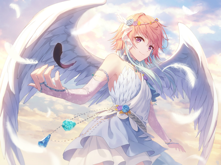 1girl angel_wings armlet bangs bare_shoulders black_feathers blue_flower bridal_gauntlets closed_mouth collarbone commentary_request cowboy_shot dress elbow_gloves eyebrows_visible_through_hair feathered_wings feathers flower from_side gem gloves hair_ornament halo head_wings idolmaster idolmaster_cinderella_girls long_hair looking_at_viewer moai_(aoh) multicolored_hair ninomiya_asuka orange_hair pink_eyes sidelocks single_bare_shoulder smile solo two-tone_hair violet_eyes white_dress white_feathers white_wings wings