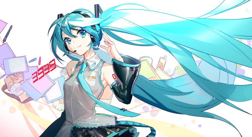 1girl absurdres bangs bare_shoulders blue_eyes blue_hair blue_nails camera closed_mouth detached_sleeves digital_media_player earphones earphones flower hair_between_eyes hair_ornament hatsune_miku headphones headset highres ipod long_hair looking_at_viewer nail_polish necktie photo_(object) skirt smile solo twintails very_long_hair vocaloid wind yyb