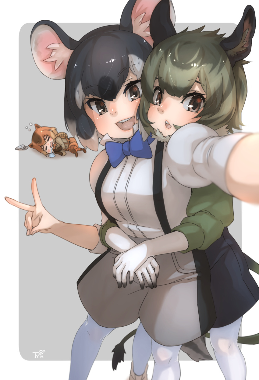 3girls :d =_= animal_ear_fluff animal_ears bangs black_hair blue_bow blue_neckwear bow bowtie brown_eyes brown_hair buck_teeth capybara_(kemono_friends) capybara_ears chinchilla_(kemono_friends) chinchilla_ears chinchilla_tail chinese_zodiac commentary_request degu_(kemono_friends) elbow_gloves eyebrows_visible_through_hair gloves green_hair grey_background hair_between_eyes highres hug hug_from_behind juliet_sleeves kemono_friends legwear_under_shorts long_sleeves looking_at_viewer multicolored_hair multiple_girls open_mouth outstretched_arm pantyhose puffy_sleeves self_shot shirt short_hair shorts simple_background sleeping smile suspender_shorts suspenders tail thin_(suzuneya) trait_connection upper_teeth v white_legwear white_shirt year_of_the_rat