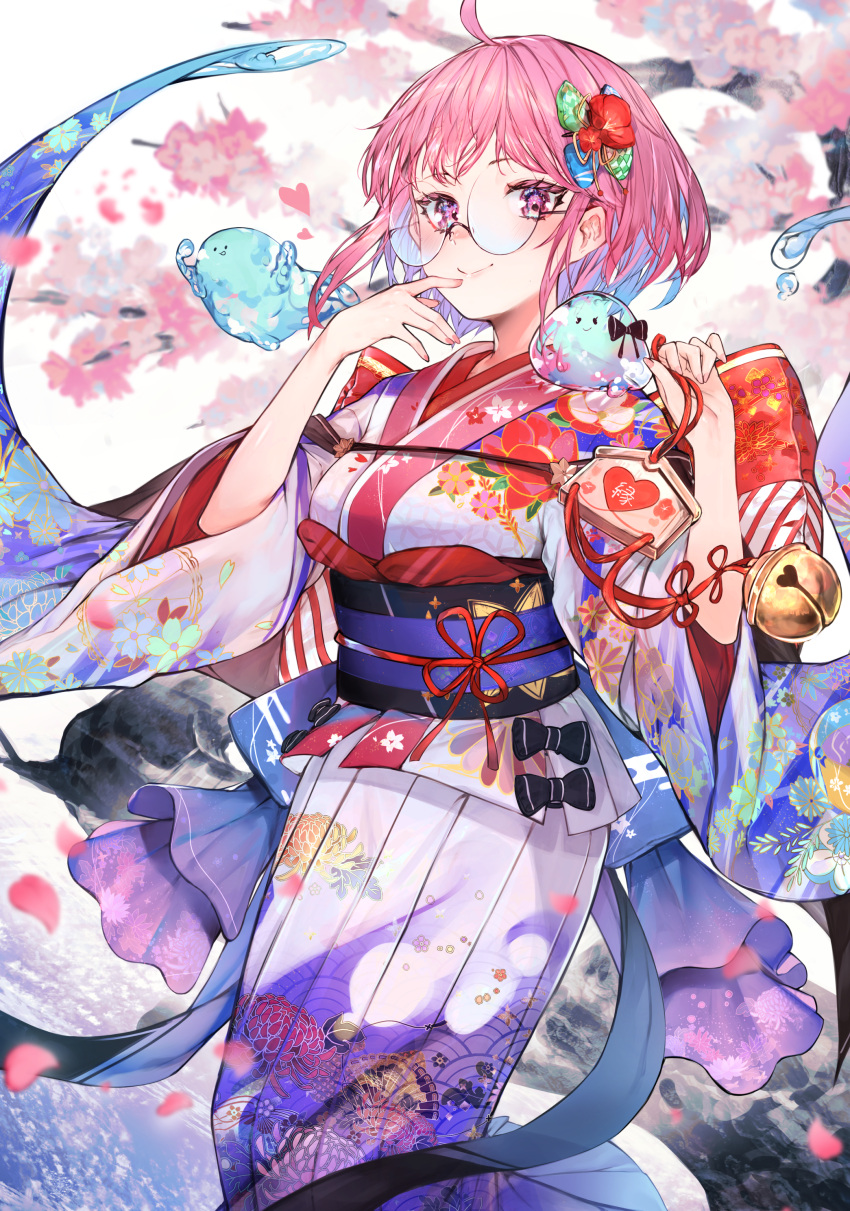 1girl absurdres ahoge bangs bell breasts bubble cherry_blossoms colored_inner_hair commentary_request feet_out_of_frame finger_to_mouth floral_print flower glasses hair_flower hair_ornament hands_up heart highres hiiragi_mikoto holding japanese_clothes kimono long_sleeves looking_at_viewer multicolored multicolored_clothes multicolored_hair multicolored_kimono obi original pink_hair print_kimono red_flower red_ribbon ribbon round_eyewear sash short_hair smile solo violet_eyes wide_sleeves