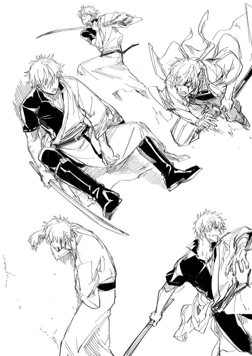 1boy arm_up bangs blood bokken boots clenched_teeth gintama greyscale hadanugi_dousa highres holding holding_sheath holding_sword holding_weapon japanese_clothes kimono long_sleeves male_focus monochrome multiple_views obi pants parted_lips ready_to_draw sakata_gintoki sash sheath shirt short_sleeves simple_background sitting sweat sword teeth uraki_(tetsu420) weapon white_background wide_sleeves wooden_sword