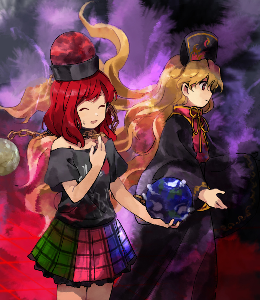 2girls aura ball bangs black_dress black_headwear black_shirt blue_skirt chain chinese_clothes closed_eyes clothes_writing commentary_request cowboy_shot dress earth_(ornament) energy eyebrows_visible_through_hair floating_hair frilled_skirt frills gold_chain green_skirt hand_up hecatia_lapislazuli highres holding holding_ball junko_(touhou) kaigen_1025 long_hair long_sleeves mandarin_collar medium_hair moon_(ornament) multicolored multicolored_clothes multicolored_skirt multiple_girls neck_ribbon off-shoulder_shirt off_shoulder open_mouth orange_hair pink_skirt plaid plaid_skirt polos_crown profile red_eyes redhead ribbon shirt short_sleeves sidelocks skirt sweatdrop swept_bangs t-shirt tabard tassel touhou very_long_hair wide_sleeves yellow_neckwear yellow_ribbon