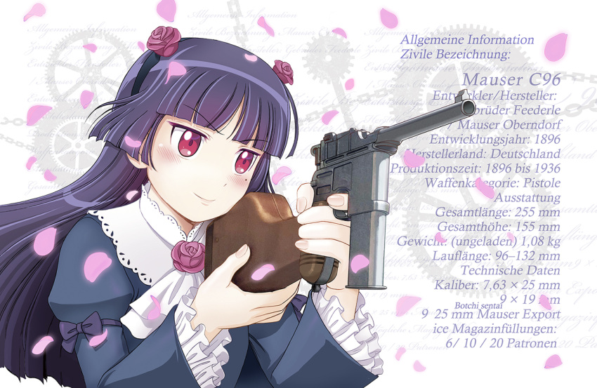 black_hair black_jacket blush collar falling_petals frilled_collar frilled_sleeves frills gears german_text gokou_ruri gun handgun hime_cut holding holding_gun holding_weapon jacket kuga_(nimonimo) lolita_fashion mauser_c96 mole mole_under_eye ore_no_imouto_ga_konna_ni_kawaii_wake_ga_nai petals red_eyes rifle rose_hair_ornament solo weapon