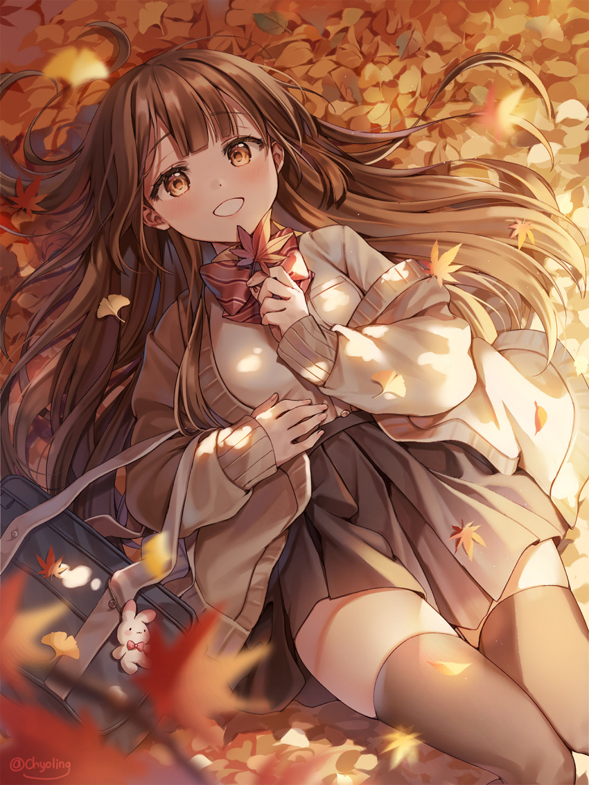1girl :d autumn_leaves bangs black_skirt blunt_bangs blush breasts brown_eyes brown_hair chyoling eyebrows_visible_through_hair highres holding leaf long_hair long_sleeves looking_at_viewer lying maple_leaf on_back open_mouth original pleated_skirt skirt smile solo sweater symbol_commentary thigh-highs