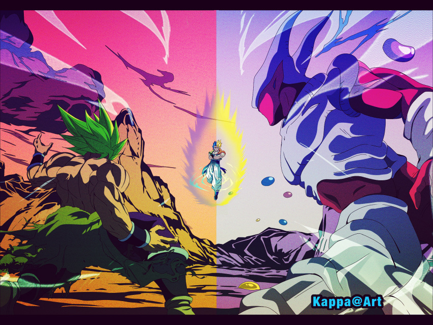 3boys arms_at_sides aura baggy_pants battle broly_(dragon_ball_super) colorful crossed_arms dragon_ball dragon_ball_super dragon_ball_super_broly dragon_ball_z fighting_stance fingernails floating from_behind gogeta green_hair highres janemba kappa_(moonsidekanade) legs_apart letterboxed male_focus metamoran_vest mountain multiple_boys muscular pants pink_background purple_background shirtless spiky_hair split_screen super_saiyan super_saiyan_1 super_saiyan_blue super_saiyan_full_power torn_clothes twitter_username white_pants wind wristband