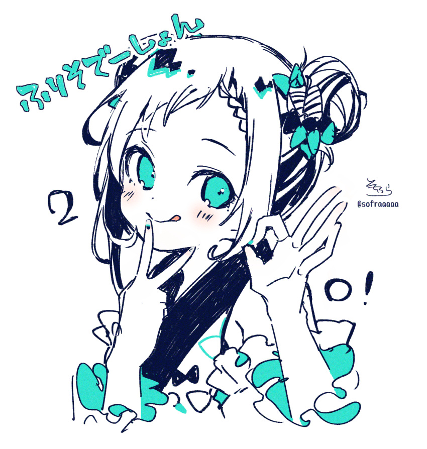 1girl :q bangs blue_bow blue_eyes blue_nails blush bow braid braided_bangs character_request closed_mouth double_bun eyebrows_visible_through_hair hair_bow hands_up highres long_sleeves monochrome nijisanji ok_sign signature simple_background smile sofra solo swept_bangs tongue tongue_out translation_request twitter_username v virtual_youtuber white_background