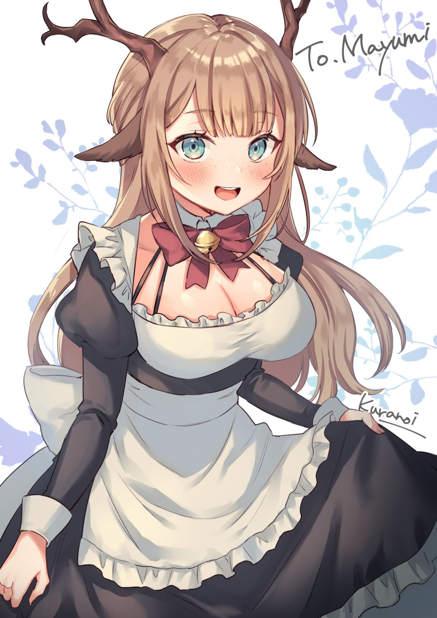 1girl antlers apron artist_name bangs bell blue_eyes bow bowtie breasts character_name commission eyebrows_visible_through_hair highres indie_virtual_youtuber kura_noi large_breasts light_brown_hair long_hair looking_at_viewer maid maid_apron mayumi_mayuchan red_bow reindeer_antlers skeb_commission solo virtual_youtuber