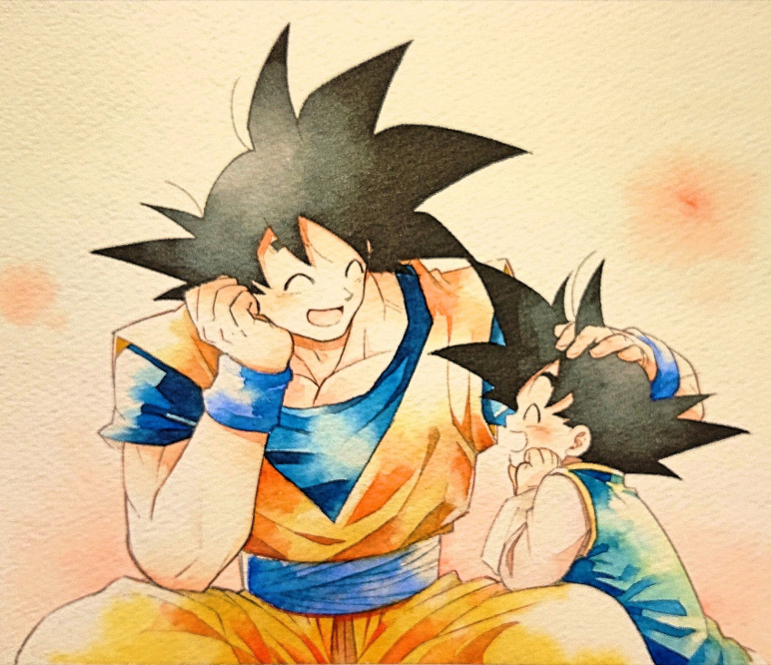 2boys ^_^ beige_background black_hair chinese_clothes closed_eyes dougi dragon_ball dragon_ball_z elbow_rest facing_away facing_viewer father_and_son fingernails hand_on_another's_head head_rest highres laughing light_blush male_focus mattari_illust multiple_boys open_mouth pectorals petting profile simple_background son_goku son_goten spiky_hair wide_sleeves wristband