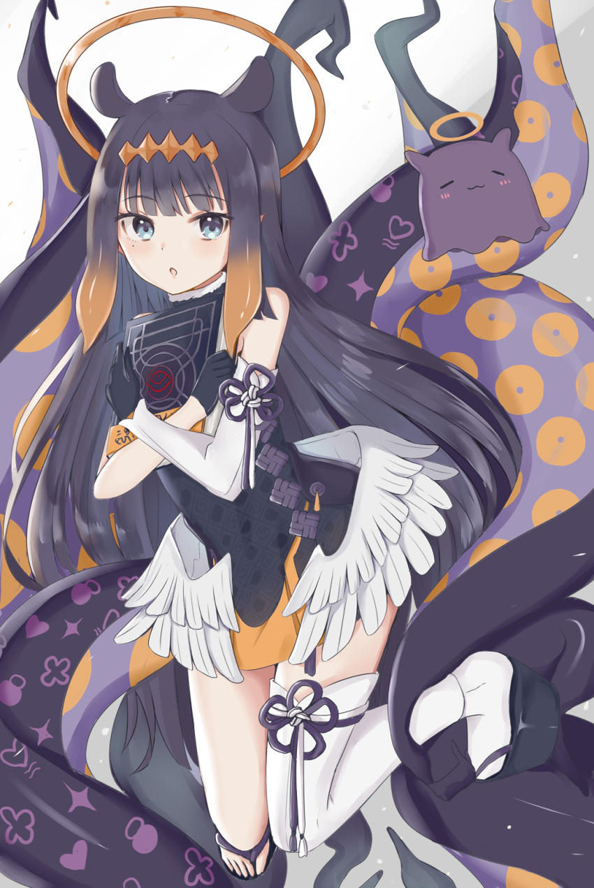 1girl :o animal_ears ao-chan_(ninomae_ina'nis) bangs bare_shoulders black_dress black_footwear black_gloves black_hair blue_eyes blush book brown_hair commentary detached_sleeves dress eyebrows_visible_through_hair feathered_wings full_body gloves gradient_hair grey_background halo highres hololive hololive_english long_hair looking_at_viewer low_wings multicolored_hair ninomae_ina'nis object_hug parted_lips platform_footwear single_detached_sleeve single_thighhigh swon_(joy200892) tentacles thigh-highs very_long_hair virtual_youtuber white_background white_legwear white_sleeves white_wings wings zouri