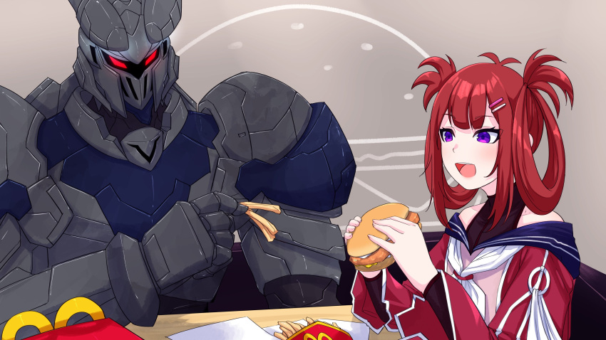 1boy 1girl absurdres atelier_live bangs english_commentary eyebrows_behind_hair flat_chest food french_fries hair_ornament hair_rings hairclip highres holding holding_food horns indie_virtual_youtuber kani_kanizawa looking_down mecha off-shoulder_jacket open_mouth red_eyes redhead sandwich valefal_coneri valefor_(vtuber) violet_eyes virtual_youtuber