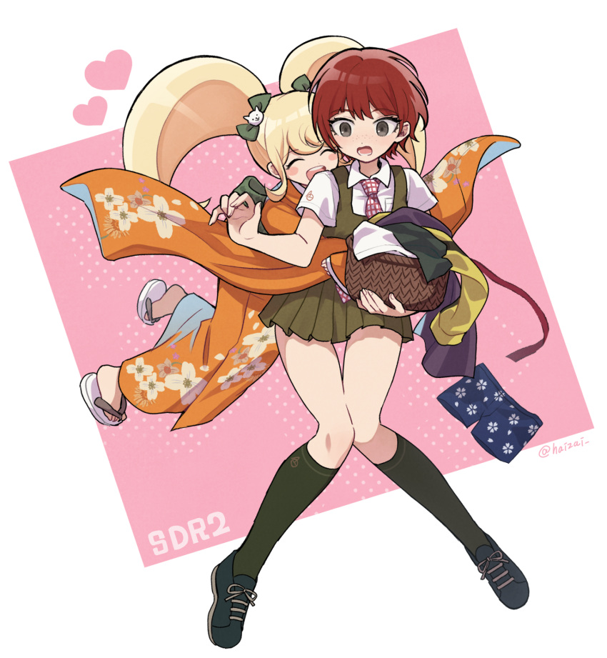 artist_name basket black_legwear blonde_hair blush_stickers bow cat_hair_ornament closed_eyes commentary_request copyright_name dangan_ronpa_(series) dangan_ronpa_2:_goodbye_despair floral_print full_body green_bow green_legwear green_skirt hair_bow hair_ornament heart highres hug hug_from_behind japanese_clothes kimono kneehighs koizumi_mahiru legs_together long_hair male_underwear multiple_girls necktie obi open_mouth orange_kimono plaid_neckwear pleated_skirt redhead saionji_hiyoko sandals sash shirt shoes short_hair short_sleeves skirt smile takagiri twintails underwear underwear_removed white_shirt