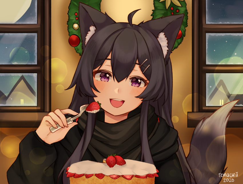 1girl :d animal_ear_fluff animal_ears black_hair black_sweater blush cake christmas_wreath commentary dated english_commentary food fork fox_ears fox_tail fruit gift_art hair_ornament hairclip head_tilt holding holding_fork long_hair long_sleeves looking_at_viewer open_mouth original round_teeth signature smile solo strawberry sweater tail teeth temachii upper_teeth violet_eyes