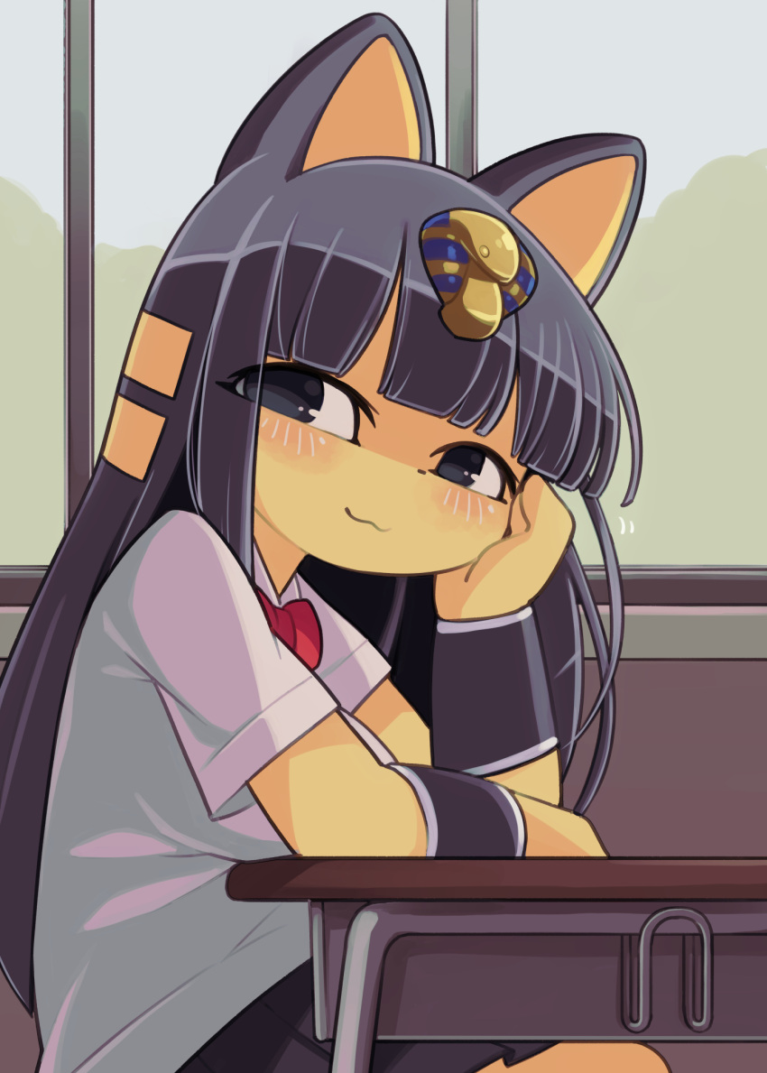 1girl :3 animal_crossing animal_ears ankha_(animal_crossing) arm_support bangs blue_sky blunt_bangs blush bow bowtie bracer cat_ears cat_girl chair classroom closed_mouth collared_shirt colored_skin commentary_request day desk eyes_visible_through_hair from_side grey_eyes grey_hair grey_skirt hair_ornament hand_on_own_cheek hand_on_own_face head_rest highres indoors ino_(tellu0120) long_hair looking_at_viewer miniskirt necktie pleated_skirt red_bow red_neckwear school_desk school_uniform shiny shiny_hair shirt short_sleeves sitting skirt sky smile snake_hair_ornament solo very_long_hair white_shirt window yellow_skin