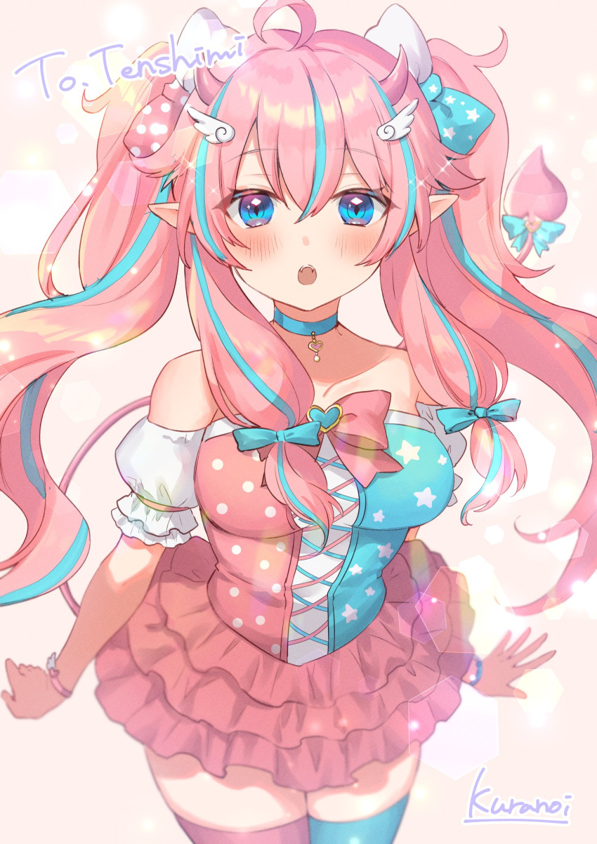 1girl ahoge artist_name bangs blue_eyes blue_hair blue_legwear bow character_name cross-laced_clothes detached_collar eyebrows_visible_through_hair highres indie_virtual_youtuber kura_noi long_hair looking_at_viewer multicolored_hair open_mouth pink_bow pink_hair pink_legwear pointy_ears tenshimi_(vtuber) thigh-highs twintails two-tone_hair zettai_ryouiki